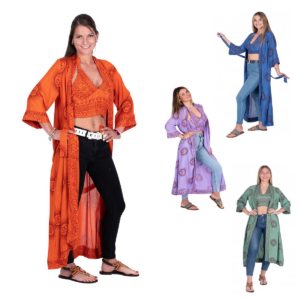 kimono yoga, kimono om, kimono violet, kimono mauve, kimono orange, kimono vert, kimono bleu, kimono plage, kimono boheme, kimono bohème, Top & Kimono long pour femme bohème motif Om pour le Yoga